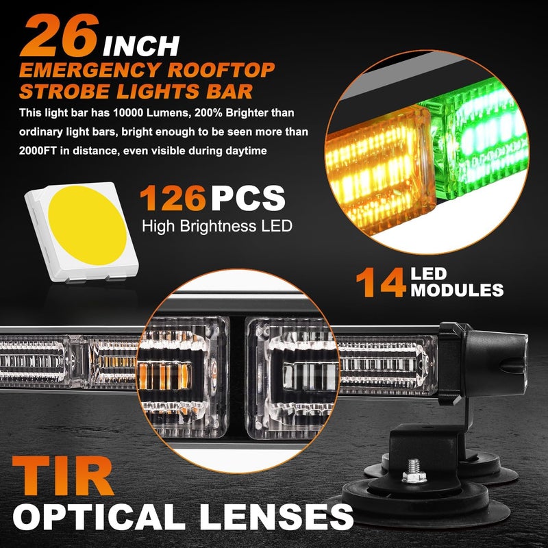 ASPL 26inch 126 LED Emergency Rooftop Strobe Lights Bar w/Controller Double Side Warning Hazard Snow Plow Flashing Light Traffic Advisor Safety Light for Work Trucks Vehicles Tow Pickup(Amber/Green) - Image 2